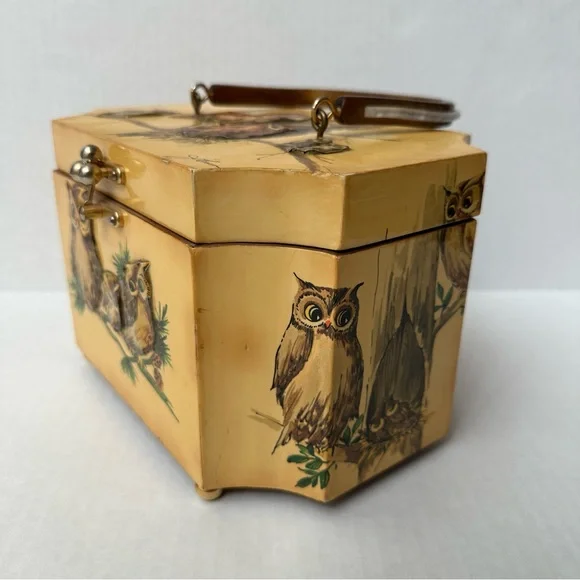 Wood Box 3D Decoupage Purse Octagon Brass Clasp Owls Vintage 60s/70s - Picture 2 of 16